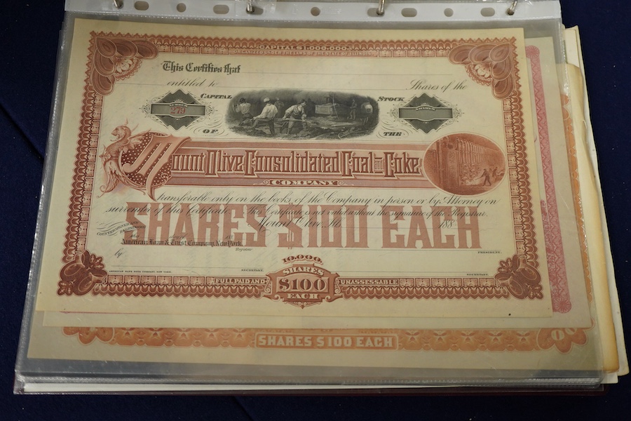 An album of mainly early to mid 20th century railway, bank and engineering share certificates, companies including; Norfolk Estuary Company, Martin’s bank Limited, the Waterloo, Cedar Falls & Northern Railroad, the St. L